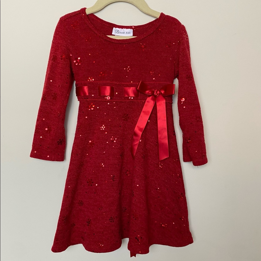 Bonnie Jean red knit sweater dress sequins sash 4